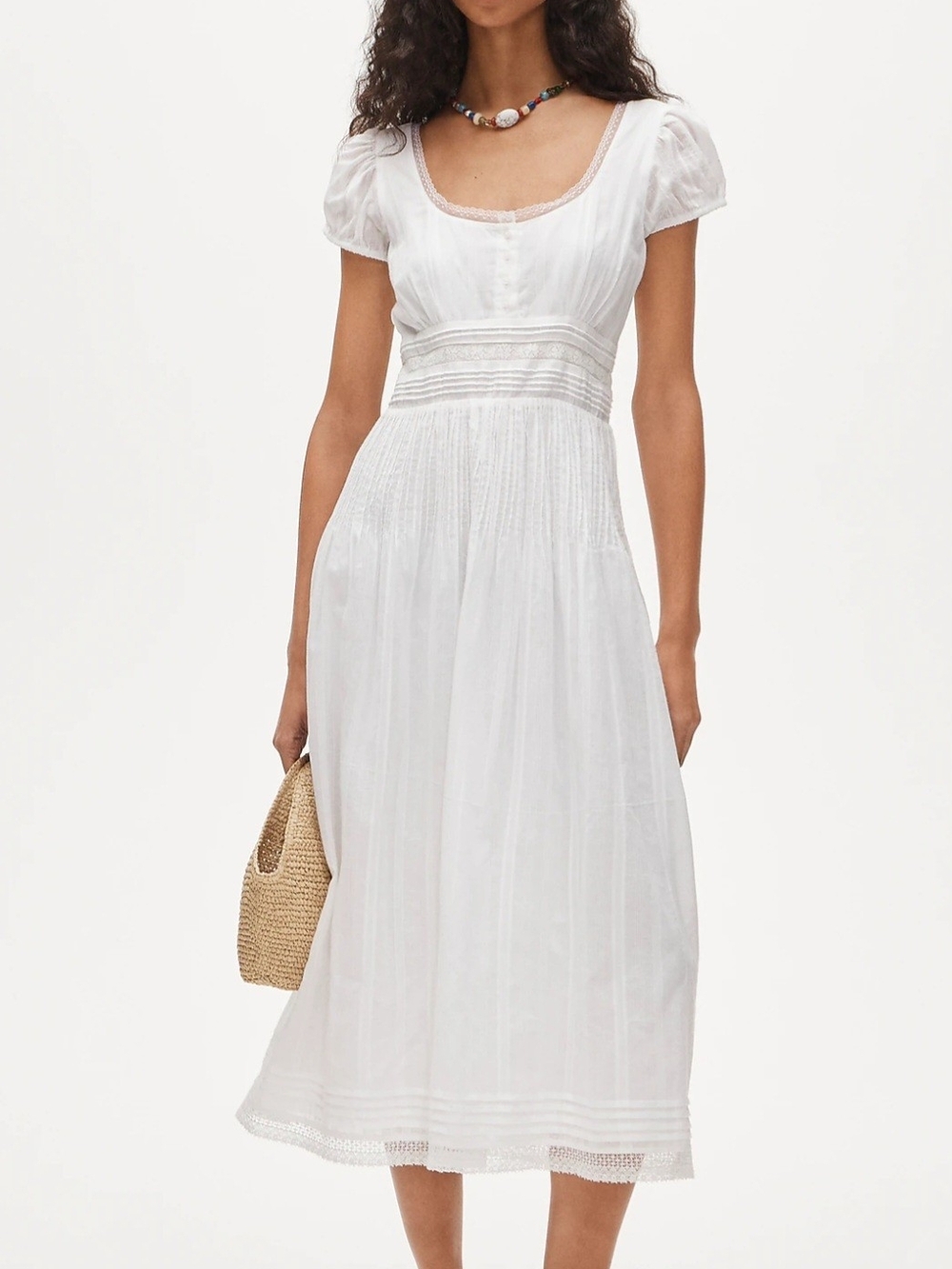 J. Crew NWT Lace Trim Pintuck White Midi Dress with Pufft Sleeves